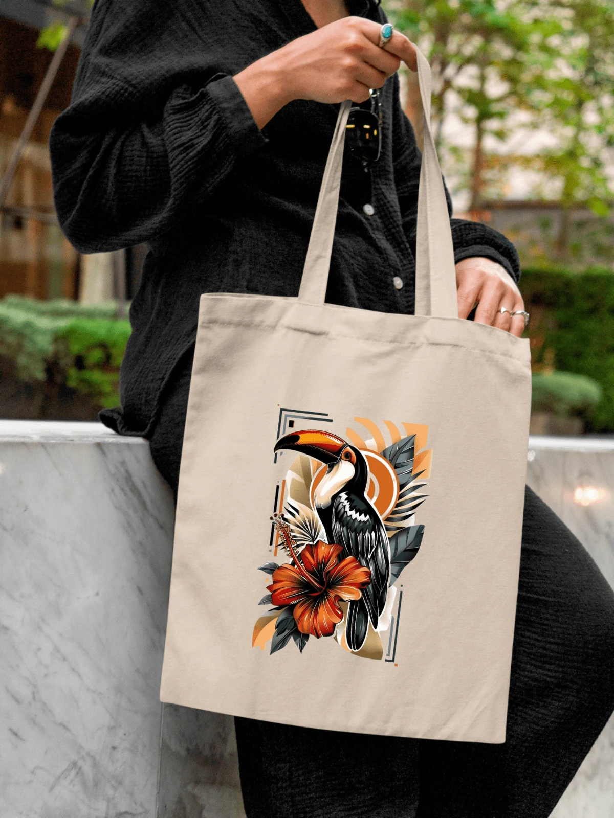 100% Cotton Ecobag Bag With Toucan Print And Colorful Flowers