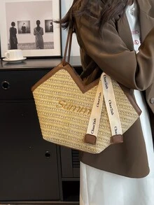 New Fashion All-Match New Contrast Color Design Indentation Design Large Capacity Double Handle Shoulder Tote Bag Suitable For Travel Shopping Commuting To Work With Scarf Decoration Design, Ladies Elegant Wallet, Business Commuter Wallet - View 3