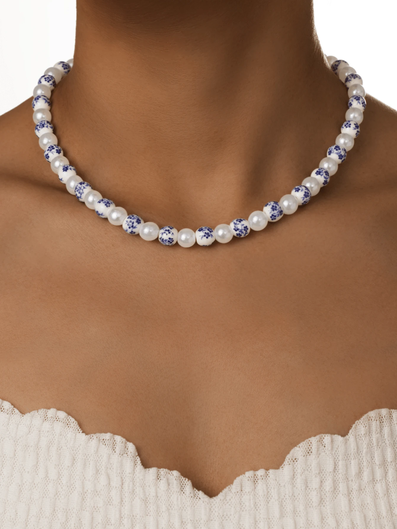 1pc Bohemian Style Ceramic Beaded Faux Pearl Necklace, Floral Pattern Pendant Necklace For Women, Suitable For Daily Wear - Multicolor - View 1