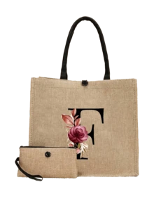 Floral Pattern Black Letter A-Z Print Linen Tote Bag, Small With Buckle Handle, Large & Small Set, Minimalist Travel Bag, Cosmetic Bag, Large Capacity Travel Makeup Bag, Casual Carry-On Tote, Shopping Bag, New Design, Suitable For Shopping Tote, Lunch Bag, Multi-Purpose Portable Tote, Ideal Gift For School, Picnic, Family, Friends, Parents, Classmates