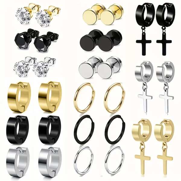 30 Pcs Stainless Steel Ring Earrings Punk Style Cool Earrings Earrings Set For Men And Women Universal Round Silver Black Gold Earrings Pierced Earrings Earrings Set Low Sensitivity All-Matching Earrings Design