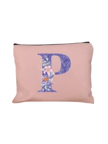 A-Z Floral Print Cosmetic Bag, Gift For Girls, Cute Retro Minimalist Alphabet Pattern Print Storage Pouch, Makeup Bag, Small Items Organizer, Cosmetic Bag, Toiletry Bag, Clutch, Lightweight Foldable Organizer, Minimalist Shopping Bag, Teacher Gift Clutch, Nurse/Doctor/Teacher Storage Pouch, Suitable For Personal Travel Makeup Storage, Travel Essential, Vacation/Back To School Supplies Bag, Women Travel Cosmetic Bag - Pink - View 33