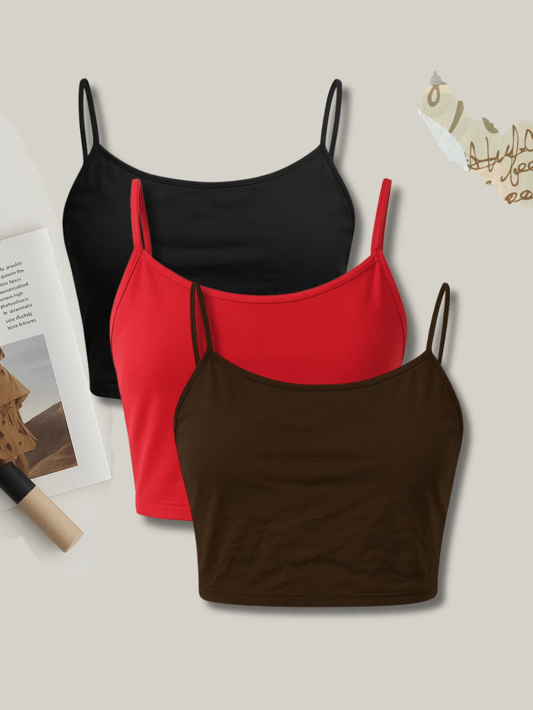 Kit 3 Cropped Tank Top Light Straps Thin Elegant Sensual Casual Cute Cotton Cropped Tank Top Street Daily - 黑色,紅色和棕色 - 查看 1