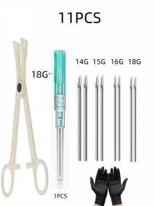 9pcs/Set Sterile Mixed Size Stainless Steel Piercing Tools. 7pcs Piercing Tools + 1 Tweezers + 1 Pair Gloves To Handle (14G 16G 18G 20G) IV Catheter Sealing Papers, Random Color & Text. Hollow Piercing Hole, Suitable For Men & Women Ear, Nose, Navel, Lip, Eyebrow, Tongue, Soft Tissue Piercing Beauty Tools