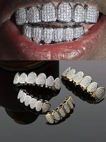 2pcs/1pc Copper Rhinestone Tooth Grills, Unisex Hip Hop Style Teeth Caps, For Party, Cosplay