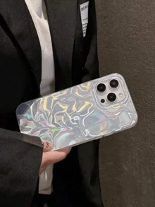 1pc Water Wave Textured Silver Color Solid Simple Fashionable Unique Pastel Color Pattern, Wave IMD Shockproof Full Cover Gradient Silver Iridescent Shiny Artistic Design Phone Case Compatible With Apple/OPPO/VIVO/Honor/Redmi/Transsion Phones - Silver - View 2
