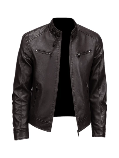1pc Men's Casual PU Leather Motorcycle Jacket, Fashionable Outerwear For Autumn/Winter,Fleece