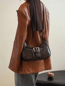 Bolsa feminina retrô Melorelectric Punk para motocicleta, 1 peça, com decoração de rebites, alça de ombro ajustável, grande capacidade, macio oleado, cor ombré, bolsa de ombro/axila, adequada para trabalho, deslocamento, encontros, festas - Castanho - Ver 2