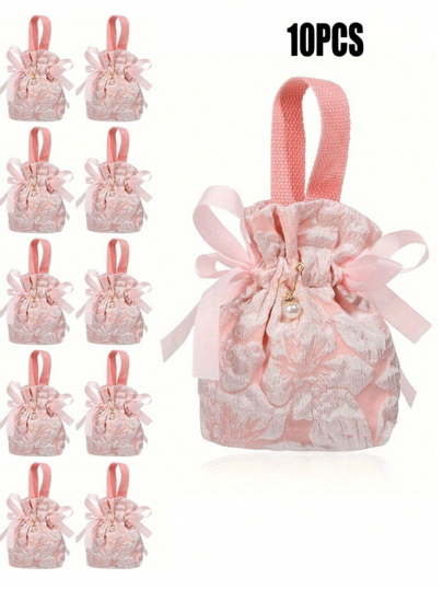 10pcs Ditsy Floral Pattern Gift Bags, Pink Canvas Gift Bags With Handles, Tea Party Favor Bags, Mini Drawstring Candy Gift Bags, Suitable For Bridal Shower, Birthday, Wedding And Other Occasions