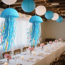 Linternas de papel con diseño de medusas azules/moradas/rosas, decoraciones colgantes de fiesta submarina con temática de sirena, suministros para oficina y aula, decoración para fiestas de cumpleaños, bodas, Navidad, restaurantes y talla grande, linternas de papel plegables multiescena