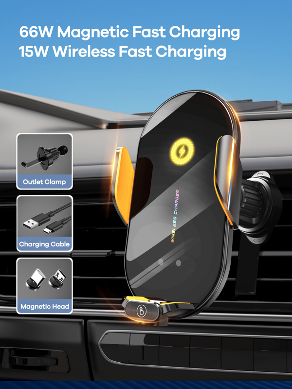 REMAX Wireless Car Charging Bracket Suitable For 5.4-7.2inch Phones;Supports 66W Magnetic Wireless Charging And 15W Wireless Charging;With Magnetic Charging Heads Of Type-C And Micro; Front Infraredinduction And Back Touch-Sensitive Opening And Closing;360° Rotation;Aluminum Alloy Material,Silicone Clamp Arm;Internal Car Accessories Compatible With Apple And Android Phones; Car Stuff