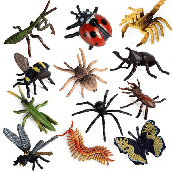 Set de 12 piezas de modelos realistas en miniatura de insectos y animales, que incluyen saltamontes, mariposa, mariquita, libélula, abeja - Colección y exhibición educativa, para Navidad/Pascua