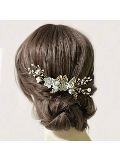 1件装女士金色金属色浅绿色花朵珍珠装饰发饰情人节配饰