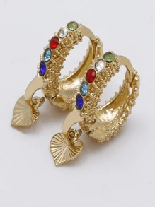1 Pair Delicate Heart Shaped Earrings With Diamonds, Luxurious & Elegant Hoop Earrings