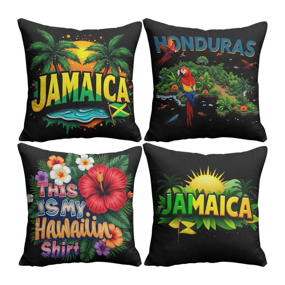 4 pièces Housses de coussin style forêt tropicale, design de plage en fibre de polyester, housses de coussin décoratifs avec fermeture éclair, lavable en machine pour canapé, lit, salon, chambre à coucher, housses seulement sans insert