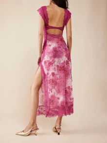 Women's Y2K Summer Bodycon Maxi Dress Floral Print Lace Patchwork Long Dress Sleeveless Backless V Neck Party Dress Beach Vacation Sundress - 玫瑰紅 - 查看 3