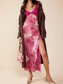 Women's Y2K Summer Bodycon Maxi Dress Floral Print Lace Patchwork Long Dress Sleeveless Backless V Neck Party Dress Beach Vacation Sundress - 玫瑰紅 - 查看 2