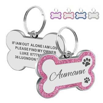 Placas de identificación grabadas para mascotas, placa de identificación personalizada con cualquier nombre y texto, etiqueta de nombre de perro personalizada con brillo, etiqueta de identificación en forma de hueso para cachorros y mascotas, suministros de regalo de Navidad