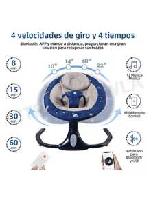 PERFECTOP Columpio eléctrico para bebé, Mecedora portátil para bebé,12 Canciones de Cuna, 4 velocidades de balanceo, arnés de 3 Puntos - azul estrellado - Ver 4