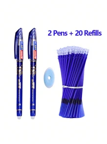 1 Pack Of 2 Pens + 20 Refills + 1 Random Color Eraser, 0.38mm Erasable Pen For Students, Smudge-Proof Ball Pen Refillable Smooth Writing