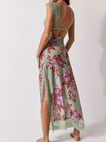 Women's Y2K Summer Bodycon Maxi Dress Floral Print Lace Patchwork Long Dress Sleeveless Backless V Neck Party Dress Beach Vacation Sundress - 綠色 - 查看 3