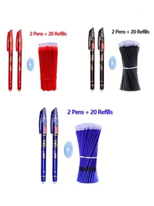 1 Pack Of 2 Pens + 20 Refills + 1 Random Color Eraser, 0.38mm Erasable Pen For Students, Smudge-Proof Ball Pen Refillable Smooth Writing