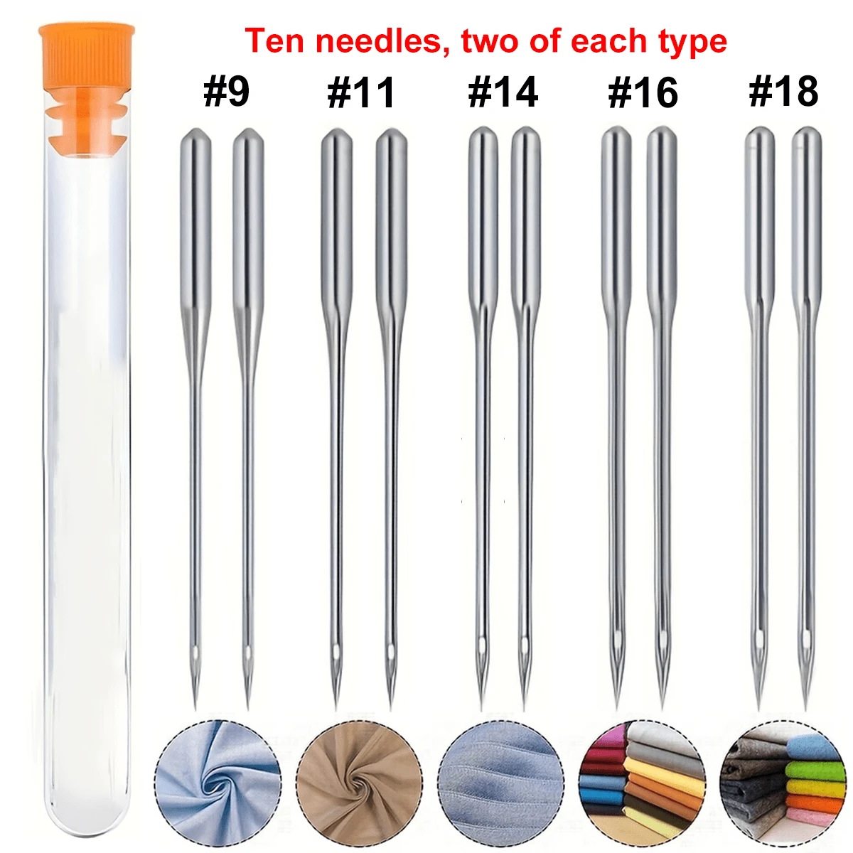 10 buah/paket Jarum Mesin Jahit Rumah Tangga Anti-Selip Elastis untuk Kain, Ukuran #9/#11/#14/#16/#18, 2 buah untuk setiap ukuran, Cocok untuk berbagai jenis kain - MultiWarna - View 1