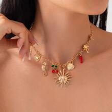 1pc Cherry Chili Pepper Gradient Drop Pendant Necklace, Vintage Nautical Style Metal Choker Necklace
