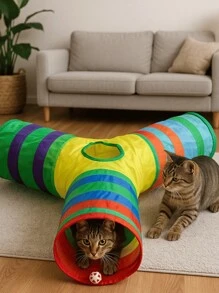 Túnel Para Gato Labirinto Modelo T com Bolinha Brinquedo Interativo Pet Colorido 3 Entradas Dobrável Leve Anti Estresse Cat Gatinho