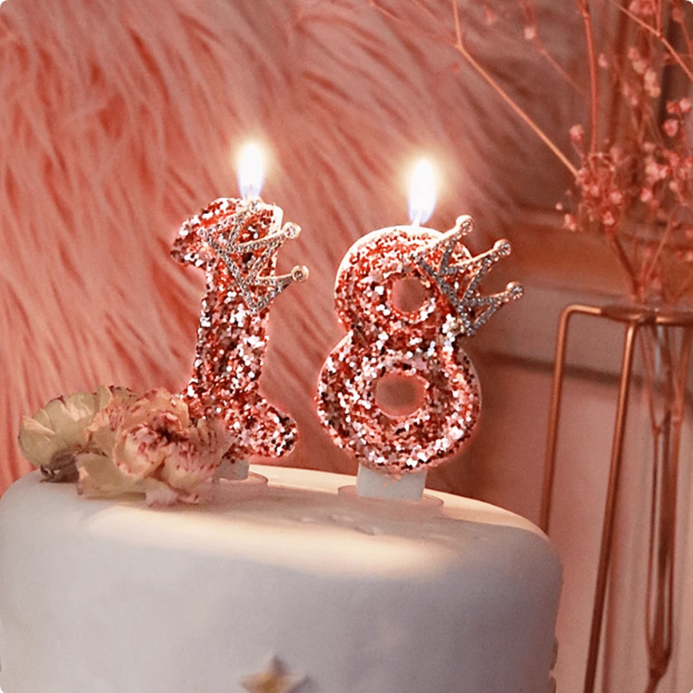 1 szt. Metaliczna różowozłota świeca urodzinowa z numeracją 0-9, romantyczna dekoracja tortu z preferowanym numerem, świąteczna świeca na tort rocznicowy, błyszcząca cyfra
