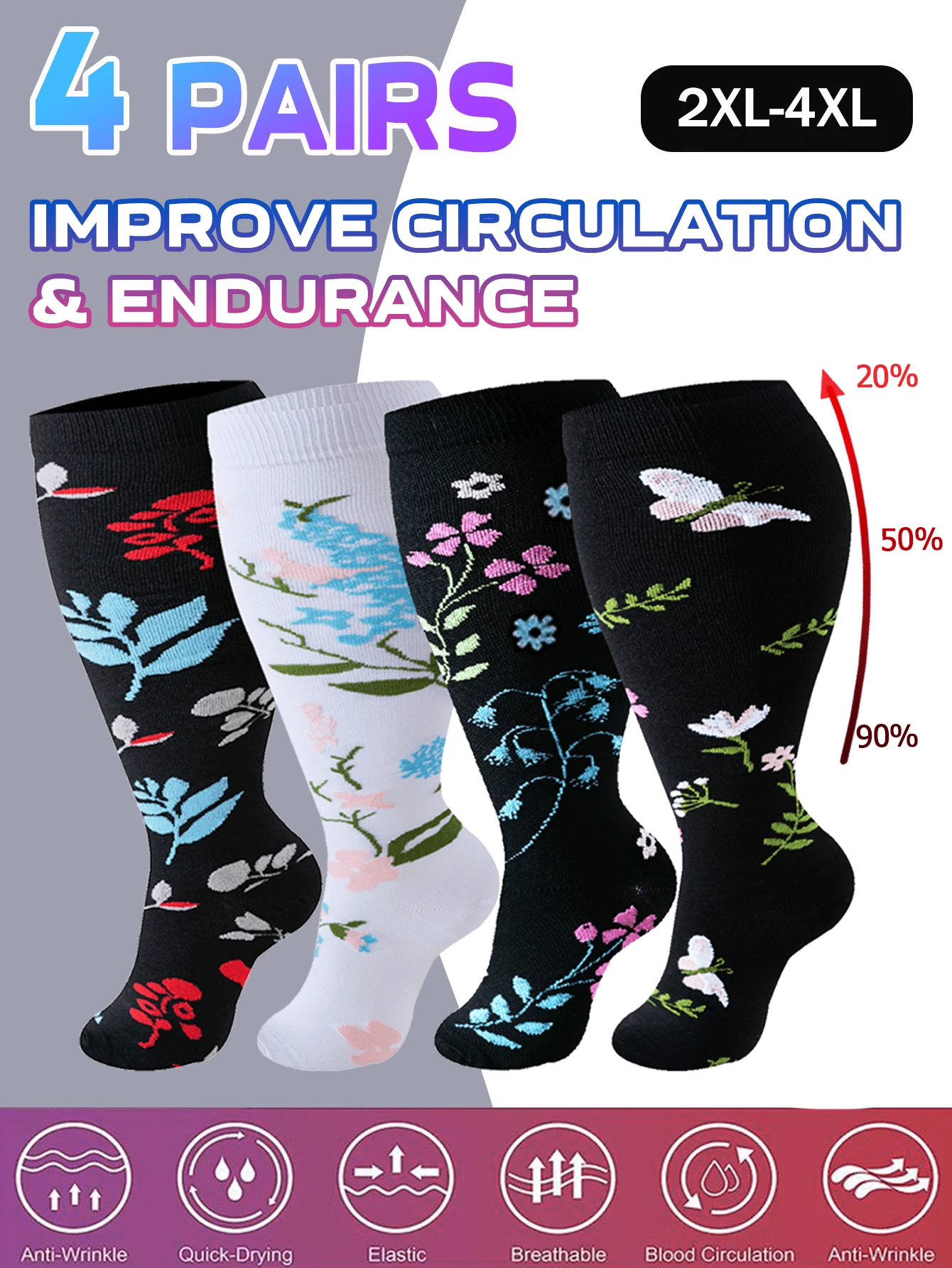 4 Pairs Plus Size Floral Knee-High Support Socks For Women & Men, Breathable Athletic Pressure Socks For Running, Gym, Travel & All-Day Comfort