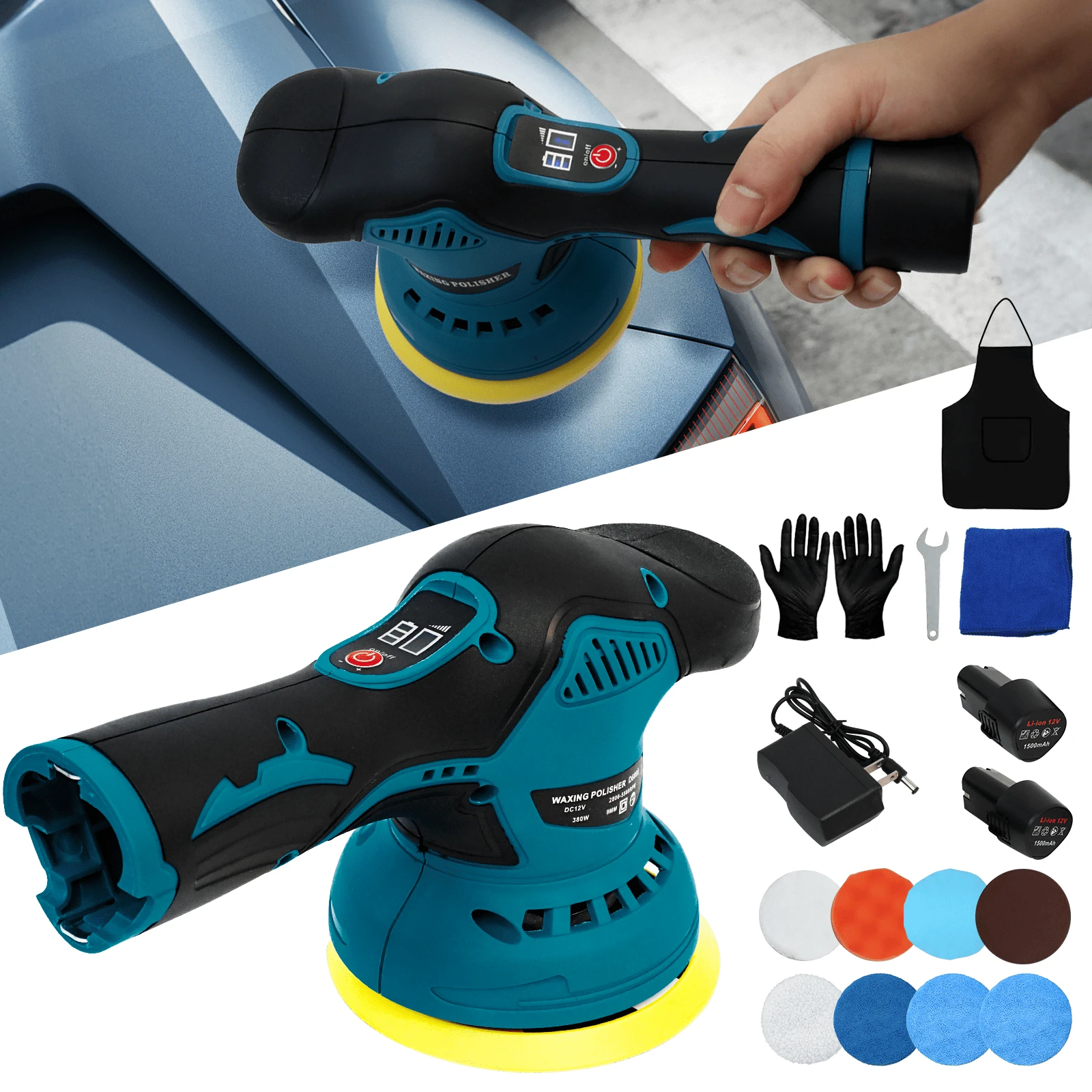 Cordless Car Buffer Polisher - 11 Inch Portable Polishing Waxer Machine Kit For Car Detailing, With 2PCS 12V 1500mAh Batteries, Extra 15 PCS Attachments - 薄荷綠 - 查看 1