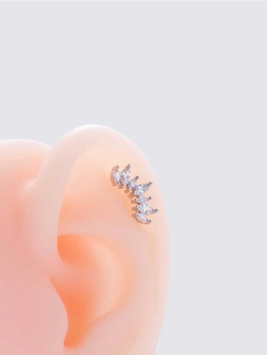 1pc Simple & Stylish & Versatile Stainless Steel Ear Stud With Crown Design And Micro-set Rhinestone, For Cartilage Piercing - Silver - View 1