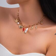 1pc Cherry Chili Pepper Gradient Drop Pendant Necklace, Vintage Nautical Style Metal Choker Necklace