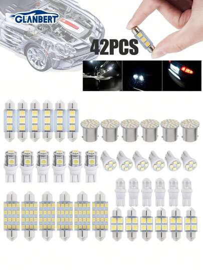 GLANBERT 42st-Pack Bil LED Combo Set T10 Bredd Indikeringsljus Sido Kil 31mm 36mm 41mm Nummerskylt ljus Dubbelspets Läslampa Innerdörr ljus 6000K Vit LED-lampa