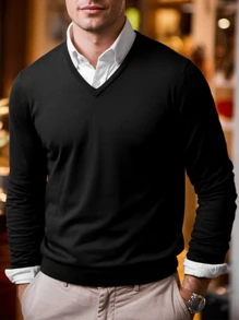 Men's Solid Color V-Neck Long Sleeve Sweater, Casual & Comfortable Base Layer Top, Spring/Autumn