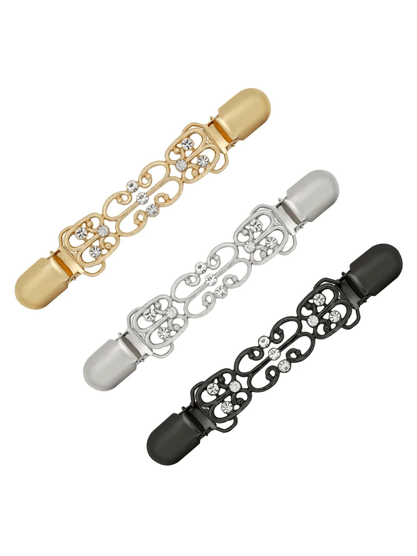 Yanxyad 1/3 Peças Grampos de Colarinho para Cardigã Vintage para Mulheres, Grampos Cinturadores de Cintura, Broches de Camisa Vestido, Padrão de Flor Prata, Dourado e Preto, Grampo de Xale de Cardigã - Grampo Cintor de Xale de Cintura para Roupas e Presentes