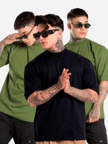 DMUNIZ Oversized Streetwear Basic Turtleneck 3-Shirt Kit - 2 Xanh lá cây | 1 Đen - Xem 1