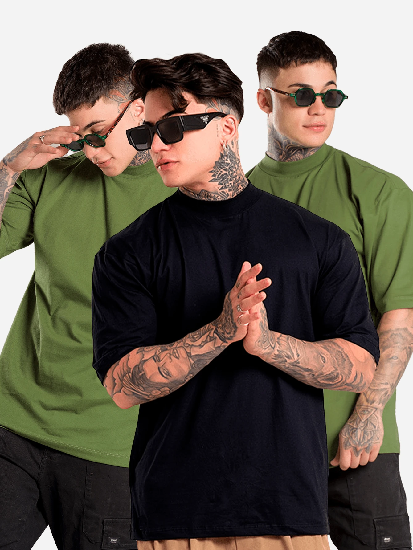 DMUNIZ Oversized Streetwear Basic Turtleneck 3-Shirt Kit - 2 Xanh lá cây | 1 Đen - Xem 1