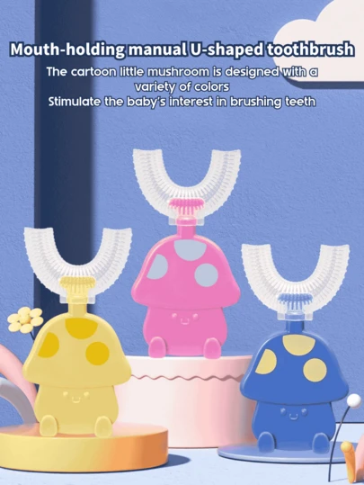 Cepillo de dientes manual en forma de U para niños con cabezal de cepillo de silicona, suave y duradero como un chupete, con forma de seta de dibujos animados, en colores de macarrón, para dientes y encías de bebé