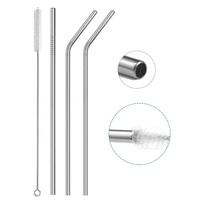 kit 4 Peças Canudo Reto, Curvo e Escovinha Limpeza Inox