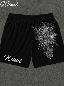 Men's Summer Retro Angel Shield 3D Print Regular Shorts, Casual Sports Breathable Loose, Suitable For Sports, Leisure, Home, And Gatherings