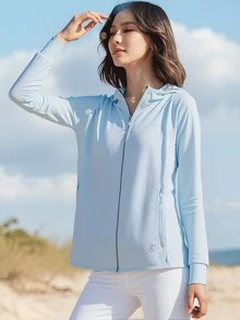 Jaqueta com capuz feminina com proteção solar FPS 50+, leve, respirável e com zíper, para atividades ao ar livre