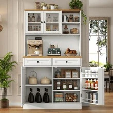 Kitchen Pantry Storage Cabinet, Pantry Cabinet With 2 Drawers, Modern Buffet Cabinet With Adjustable Shelves, Tall Kitchen Hutch With Microwave Stand, Food Pantry With Glass Doors For Dining Room, White - White - View 5