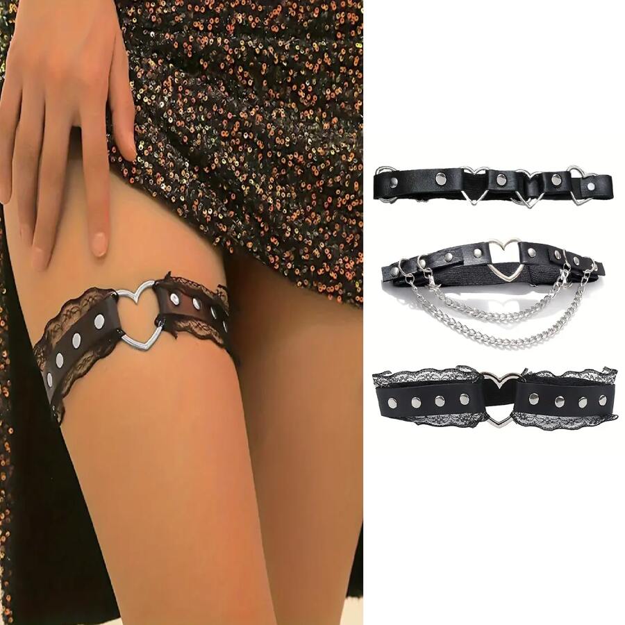 1/3Pcs Night Seduction Adjustable Leg Garter Belt For Women - Soft PU Leather Thigh Chain With Spike & Lace Details, Stretchy Gothic Rave Accessories For Valentine's Day, Music Festivals, K-Pop Stage Style