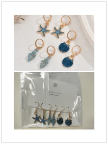3 对海星、贝壳、蜗牛形油滴耳环套装，女士可爱海滩度假珠宝套装