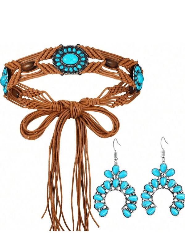 2pcs Blue & Green Woven Belt, Bohemian Style Woven Belt And Turquoise Bead Necklace Earring For Women