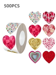 500 Pcs/Roll Sparkly Valentine's Heart Stickers, 1 Inch Heart Shapes With 24 Patterns, Suitable For Daily Use And Holiday Parties (Back To School, Valentine's Day, Mother's Day, Teacher's Day, Christmas, New Year, Wedding Etc.) Cards, Envelopes, Gifts, DIY Packaging, PVC Waterproof Seal Stickers - Multicolor - View 12