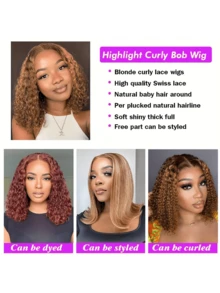 Curly Bob Wigs 13X4 Lace Front Wig Brazilian Remy Human Hair Wigs Blonde Brown Deep Wave Short Wig For Women 13x4 Lace Highlight Color 4/27 ,8-16inch ,180% Density Human Hair Lace Wig