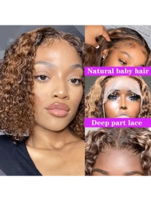 Curly Bob Wigs 13X4 Lace Front Wig Brazilian Remy Human Hair Wigs Blonde Brown Deep Wave Short Wig For Women 13x4 Lace Highlight Color 4/27 ,8-16inch ,180% Density Human Hair Lace Wig